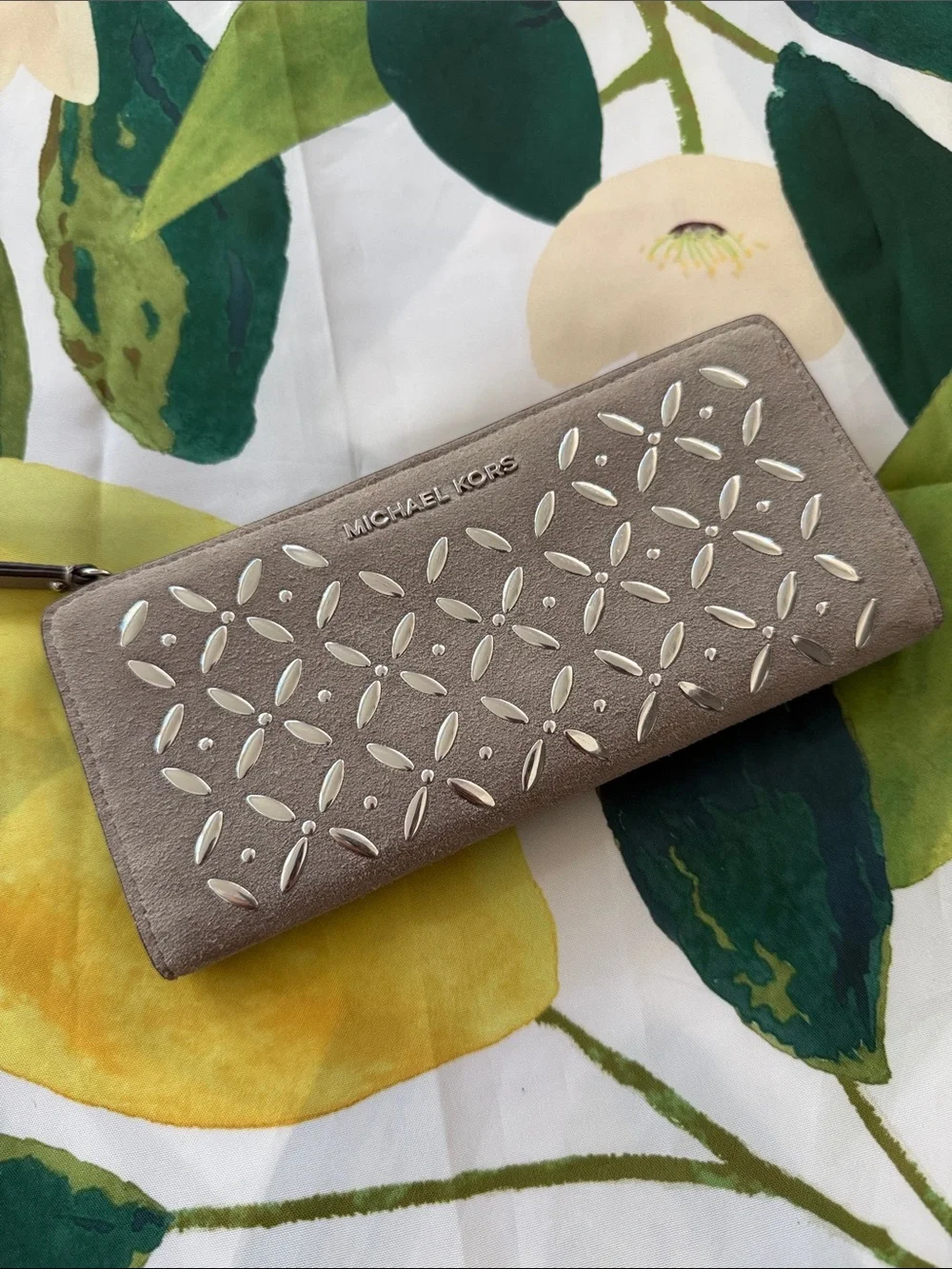 Michael Kors Taupe Suede Zip Wallet with Silver Stud Accents